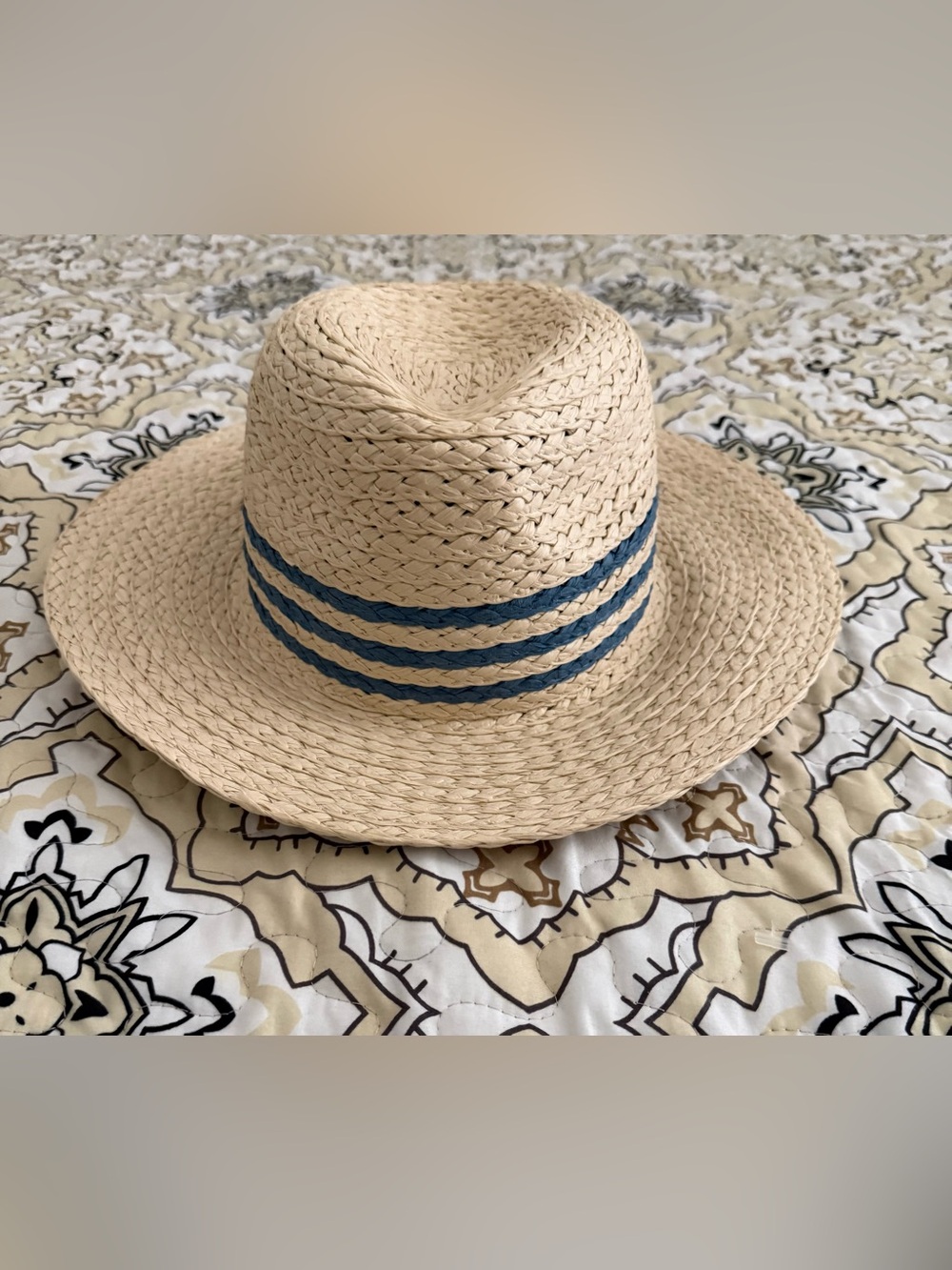 David and Young NWT Packable Wide Brim Sun Hat Tan Blue Stripes Women's UPF